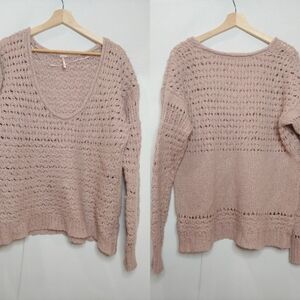 Free‎ People Crashing Waves Pullover Sweater Blush Rose Pink Open Knit Wool M